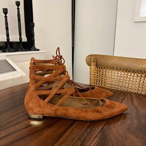Aquazzura Suede Lace Up Brown Flats 38.5 - BRAND NEW